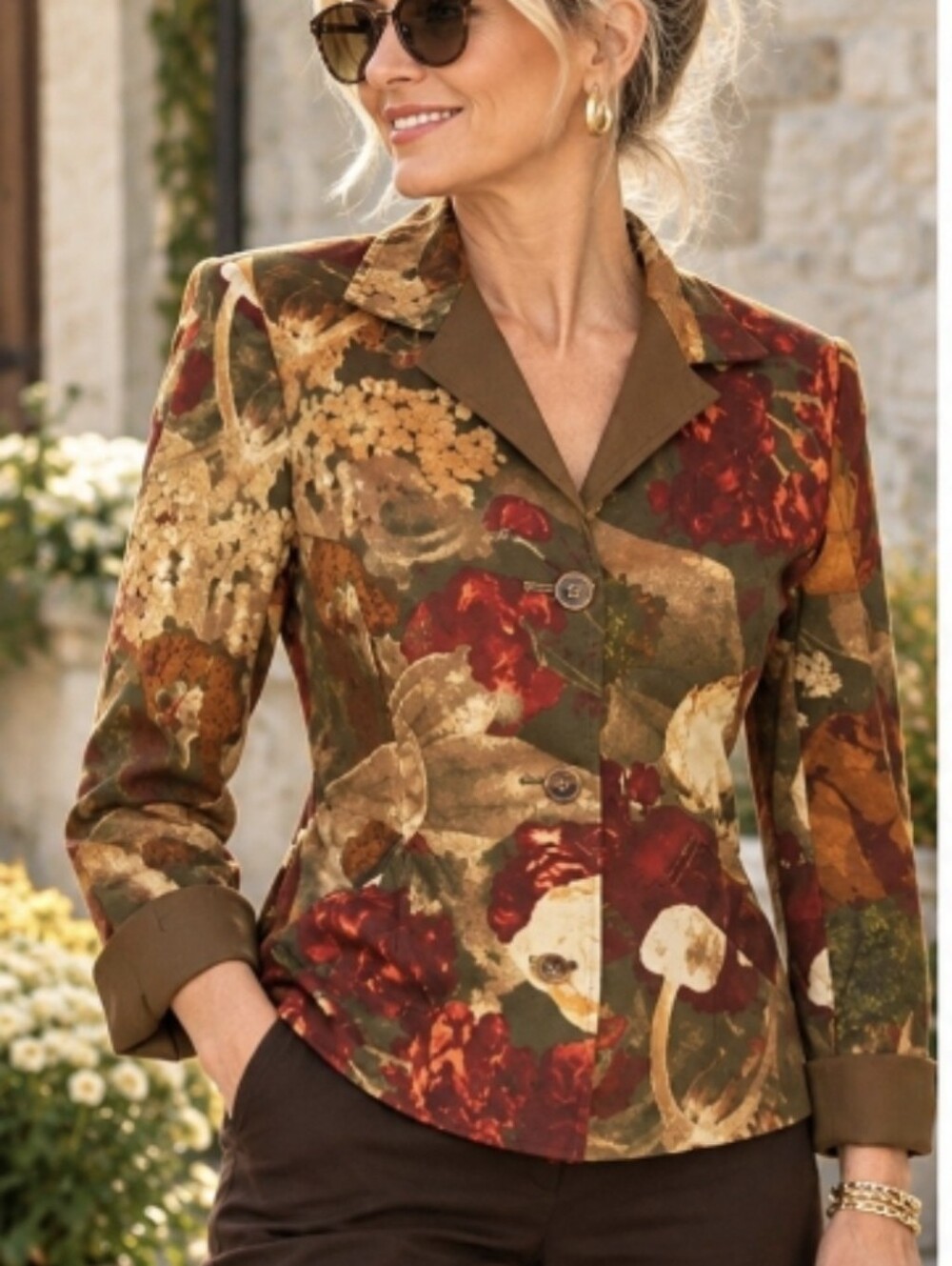 Vintage Linda Allard Ellen Tracy Fall Floral Wool Trim Blazer Jacket Size 16